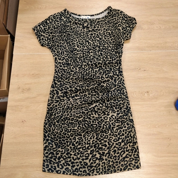 Sea New York Mini Dress Ruched Leopard Animal Print Short Sleeve Black Tan 2 - Picture 2 of 12